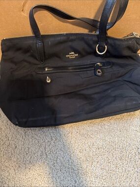 Coach Black Nylon Tote with Leather Handles and Gold Hardware